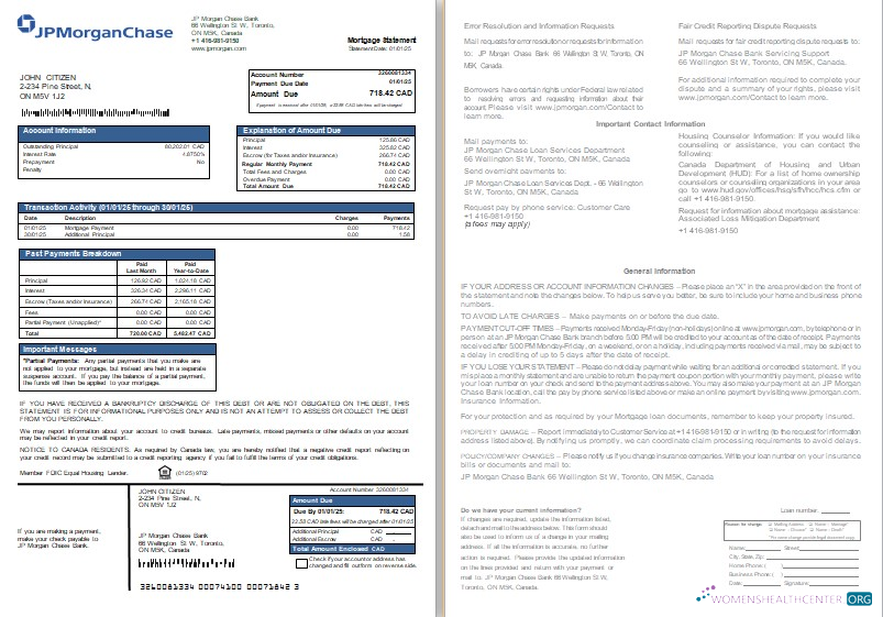 Download Canada JP Morgan Chase Bank mortgage statement, 2 pages, 1 2 scr Photoshop template